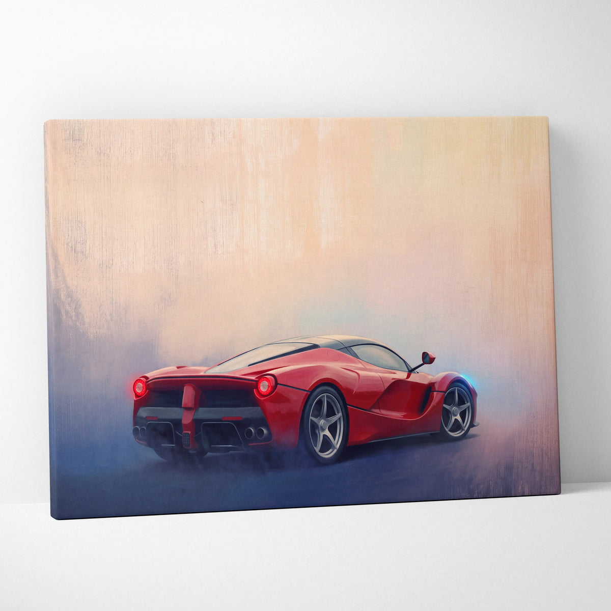 Red ferrari laferrari sports car in a dynamic smoky artistic rendering on track edition canvas painting print