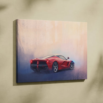 Red ferrari laferrari sports car painted on canvas in a stylized design for track edition wall art print
