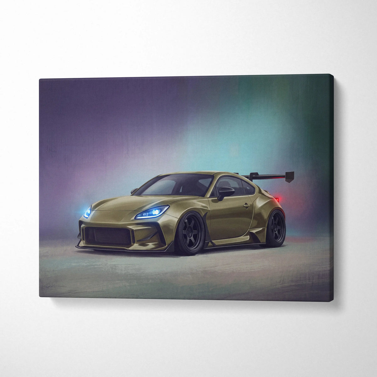 A sleek gold metallic Toyota GR86 inspired sports car canvas print with lowered stance black rims and blue headlights
