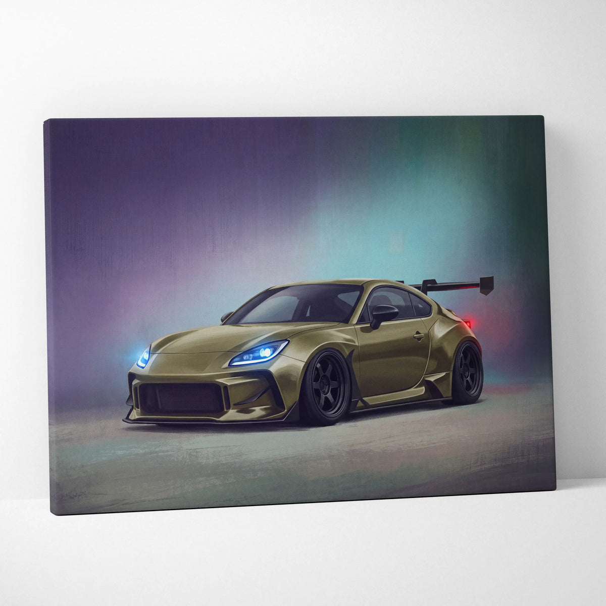 A canvas print of a gold custom-modified toyota gr86 with glowing blue headlights and black rear spoiler wall art