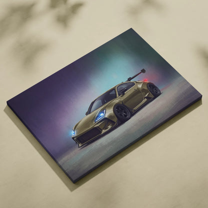 Gold metallic canvas print of toyota gr86 inspired sports car with glowing blue headlights and red taillights
