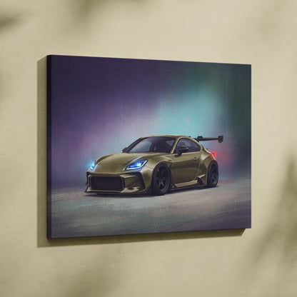 A canvas print of a gold modified toyota gr86 sports car with glowing blue headlights and black rear spoiler wall art