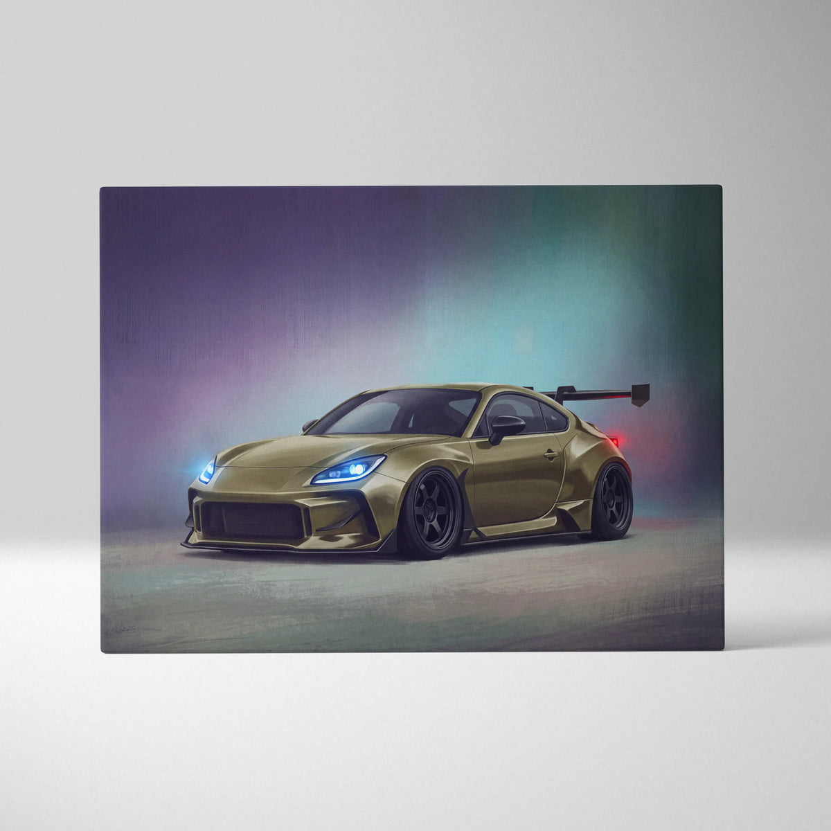 Toyota GR86 inspired automotive wall art featuring a sleek metallic gold sports car with black rear wing and blue headlights