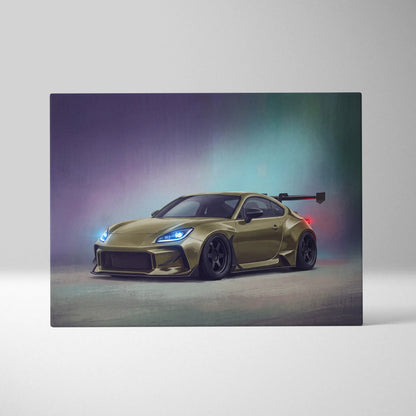 Toyota GR86 inspired automotive wall art featuring a sleek metallic gold sports car with black rear wing and blue headlights