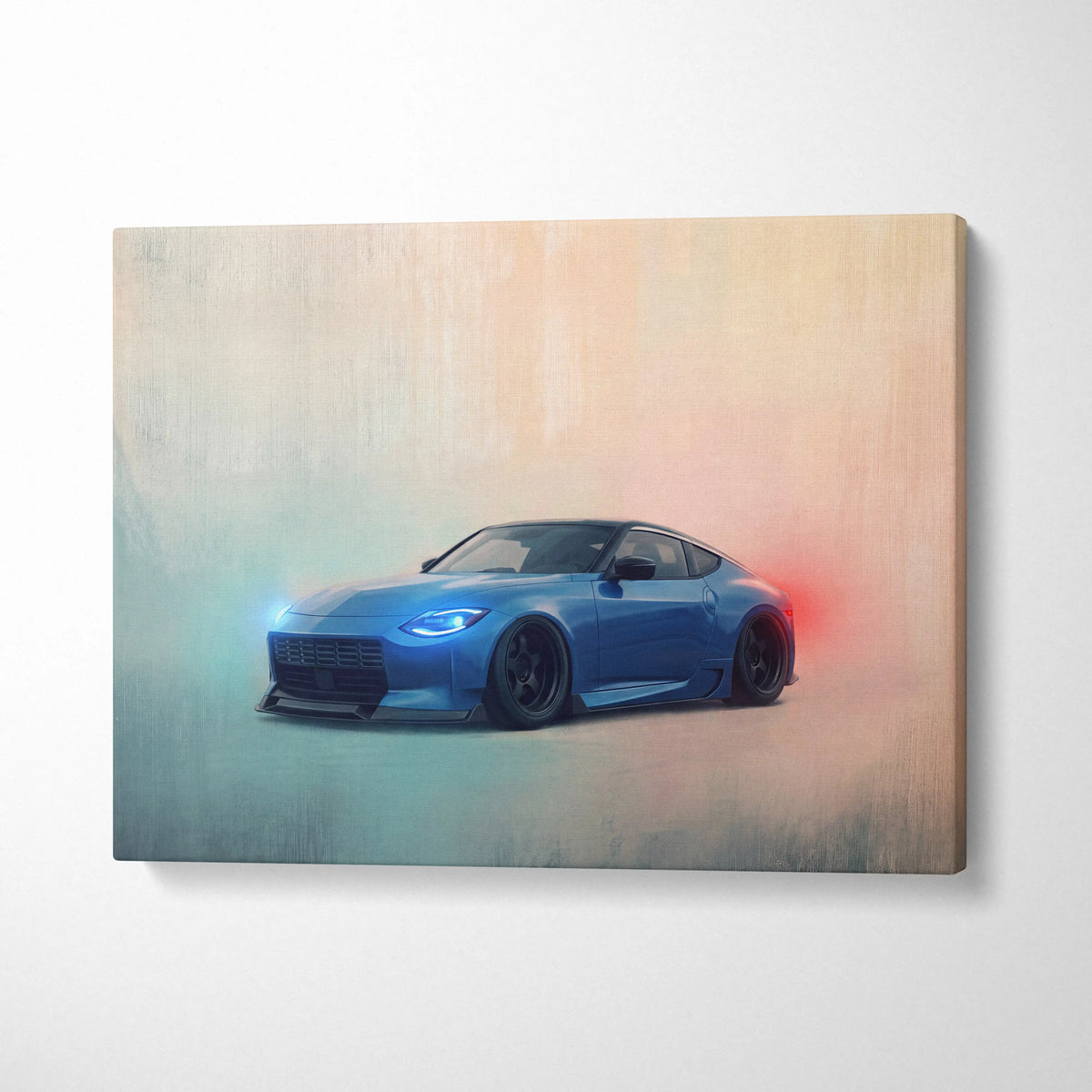 Blue nissan z sports car canvas art with glowing headlights and red exhaust trail for modern garage decor