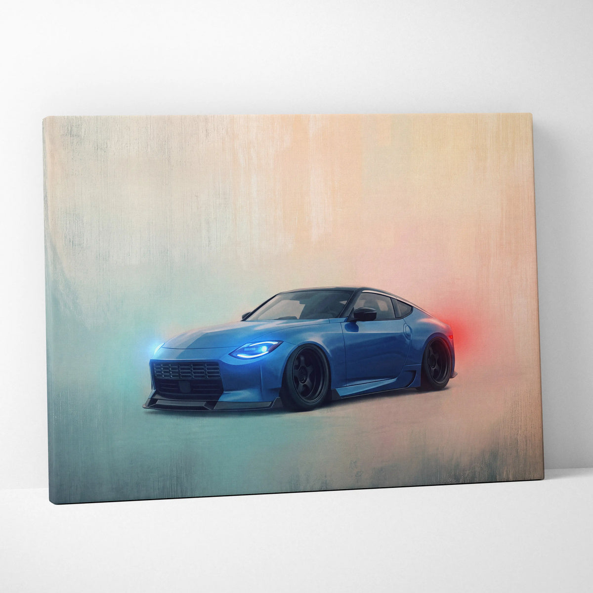Nissan Z inspired canvas art featuring a blue sports car with glowing headlights and red taillight accents for garage decor