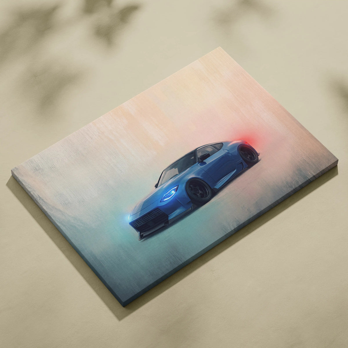 Blue sports car illustration on canvas nissan z inspired modern coupe wall art for garage decor