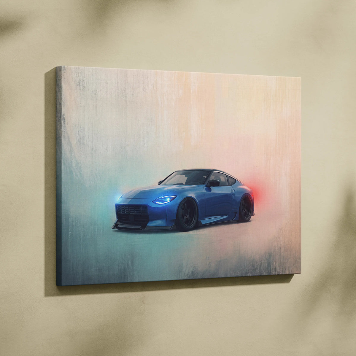 Blue nissan z sports car canvas print with glowing headlights and red exhaust trail for garage decor