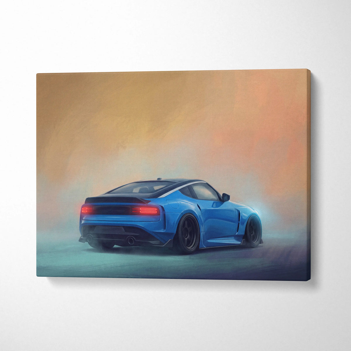 Blue nissan z inspired canvas print featuring sleek low-profile sports car with glowing red taillights and black rims for living room decor