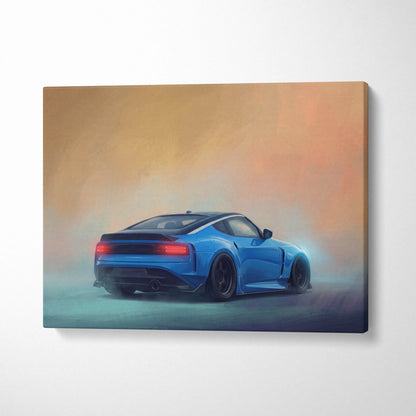 Blue nissan z inspired canvas print featuring sleek low-profile sports car with glowing red taillights and black rims for living room decor
