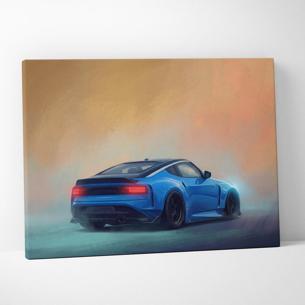 Blue sports car stylized painting on canvas nissan z inspired jdm sports car canvas print for living room decor