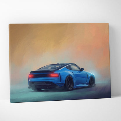 Blue sports car stylized painting on canvas nissan z inspired jdm sports car canvas print for living room decor