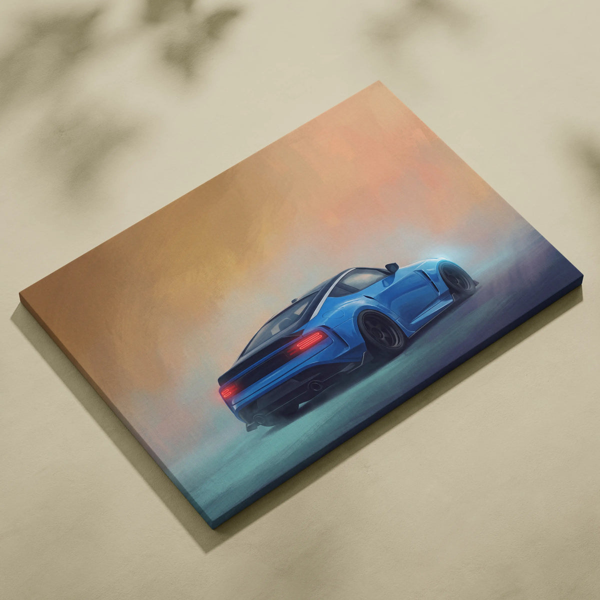 Blue sports car illustration on stretched canvas nissan z inspired jdm automotive wall art for living room decor