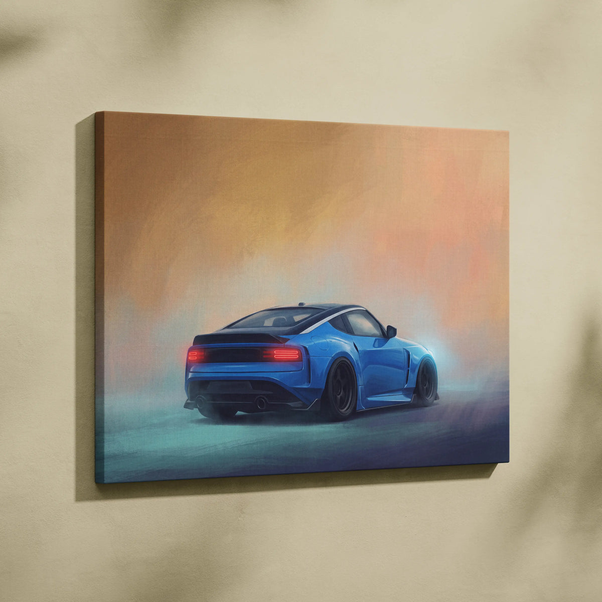 Blue nissan z inspired sports car canvas print with sleek design red taillights and black rims for living room decor