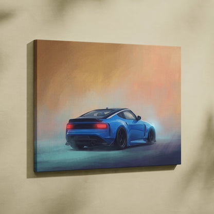 Blue nissan z inspired sports car canvas print with sleek design red taillights and black rims for living room decor