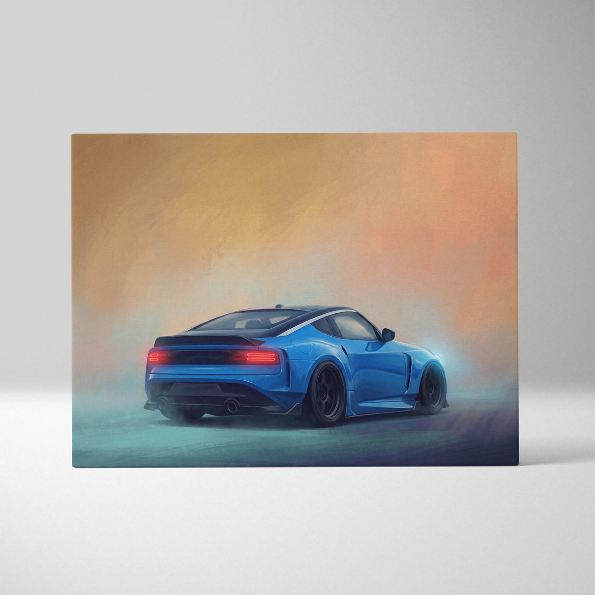 Nissan Z inspired automotive wall art featuring a vibrant blue sports car with glowing red taillights on canvas print