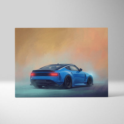 Nissan Z inspired automotive wall art featuring a vibrant blue sports car with glowing red taillights on canvas print