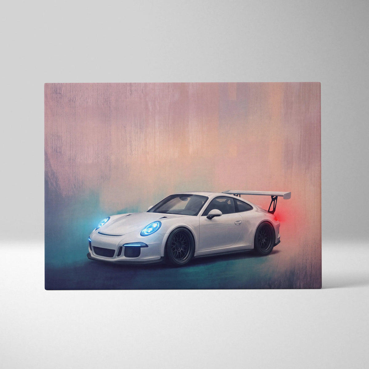 White Porsche 911 GT3 RS sports car with glowing blue headlights and rear wing in luxury supercar canvas print wall art