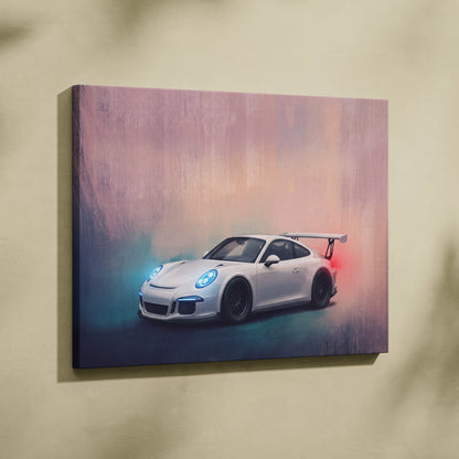 White Porsche 911 GT3 luxury supercar canvas print with glowing blue headlights and red taillight on pink to blue gradient background
