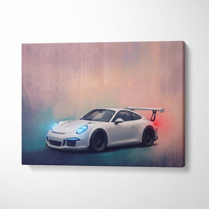 White porsche 911 gt3 rs canvas print with glowing blue headlights and red taillight against gradient sky backdrop
