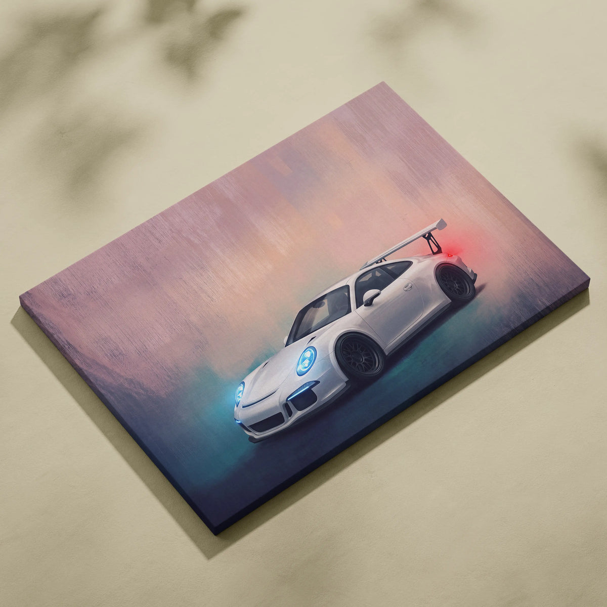 White porsche 911 gt3 sports car canvas print with glowing blue headlights and red spoiler luxury wall art