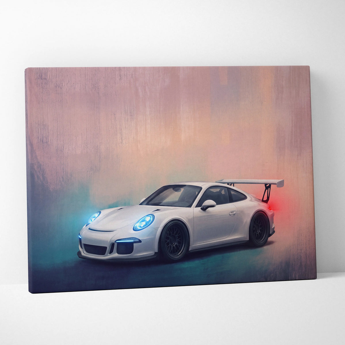 White Porsche 911 GT3 inspired luxury supercar canvas print with glowing blue headlights and red taillight accent