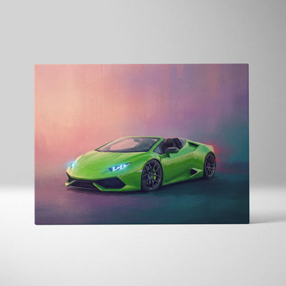 Vibrant lime green Lamborghini Huracán Spyder convertible canvas painting print for car wall art track edition