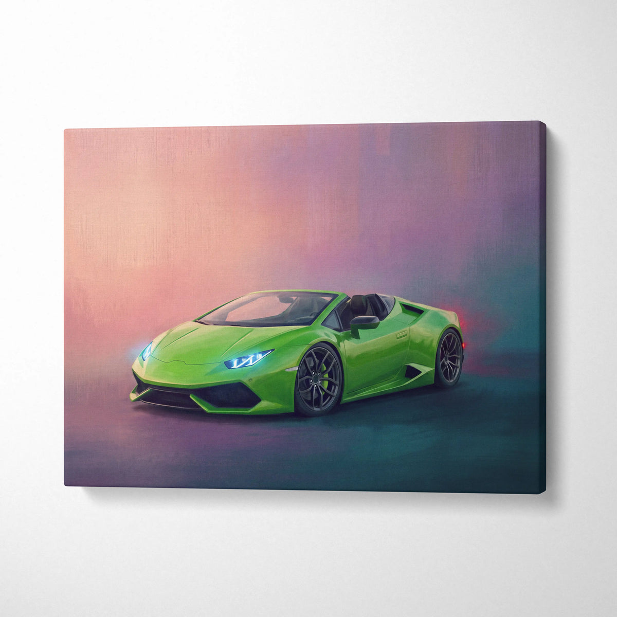 Vibrant lime green Lamborghini Huracán Spyder inspired convertible car wall art on stylized canvas print with glowing headlights