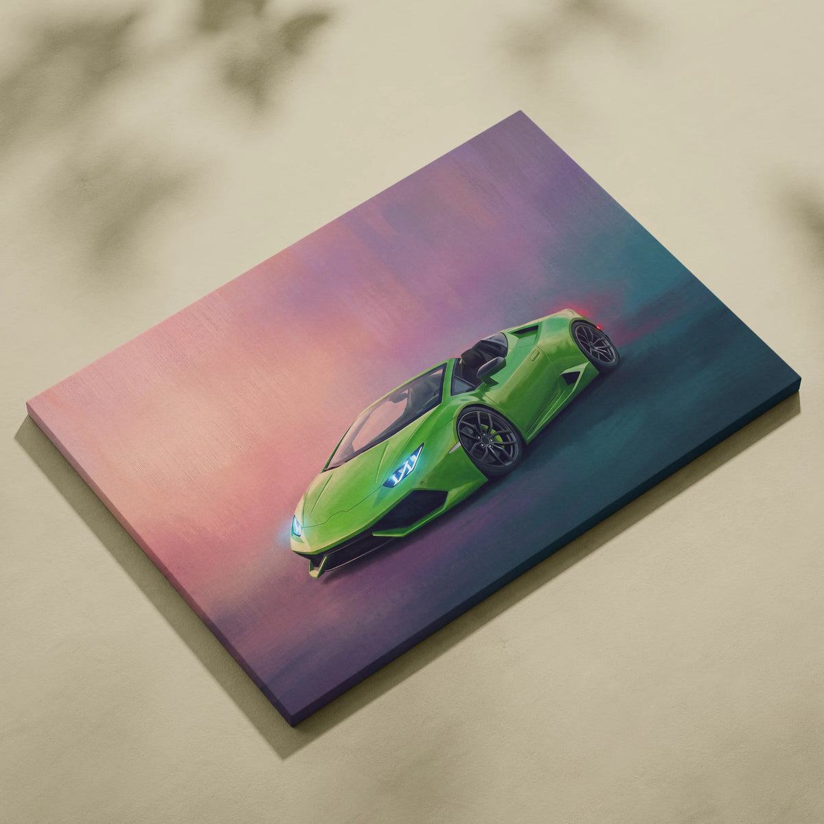 Vibrant green lamborghini huracán spyder inspired sports car canvas print with dynamic stylized design and gradient sky background