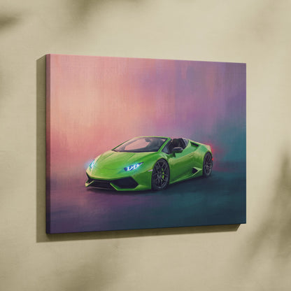 Vibrant lime green Lamborghini Huracán Spyder track edition canvas wall art with pink and purple gradient background