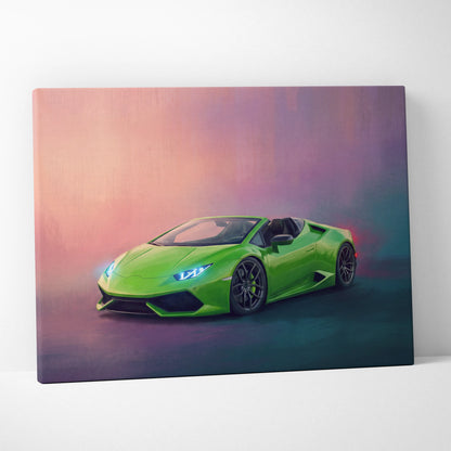 Vibrant lime green lamborghini huracán spyder convertible track edition canvas painting print wall art