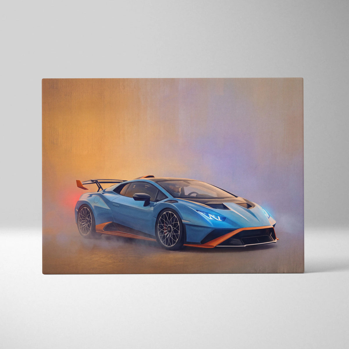 Lamborghini Huracán STO inspired canvas art featuring vibrant blue and orange sports car in smoky studio setting