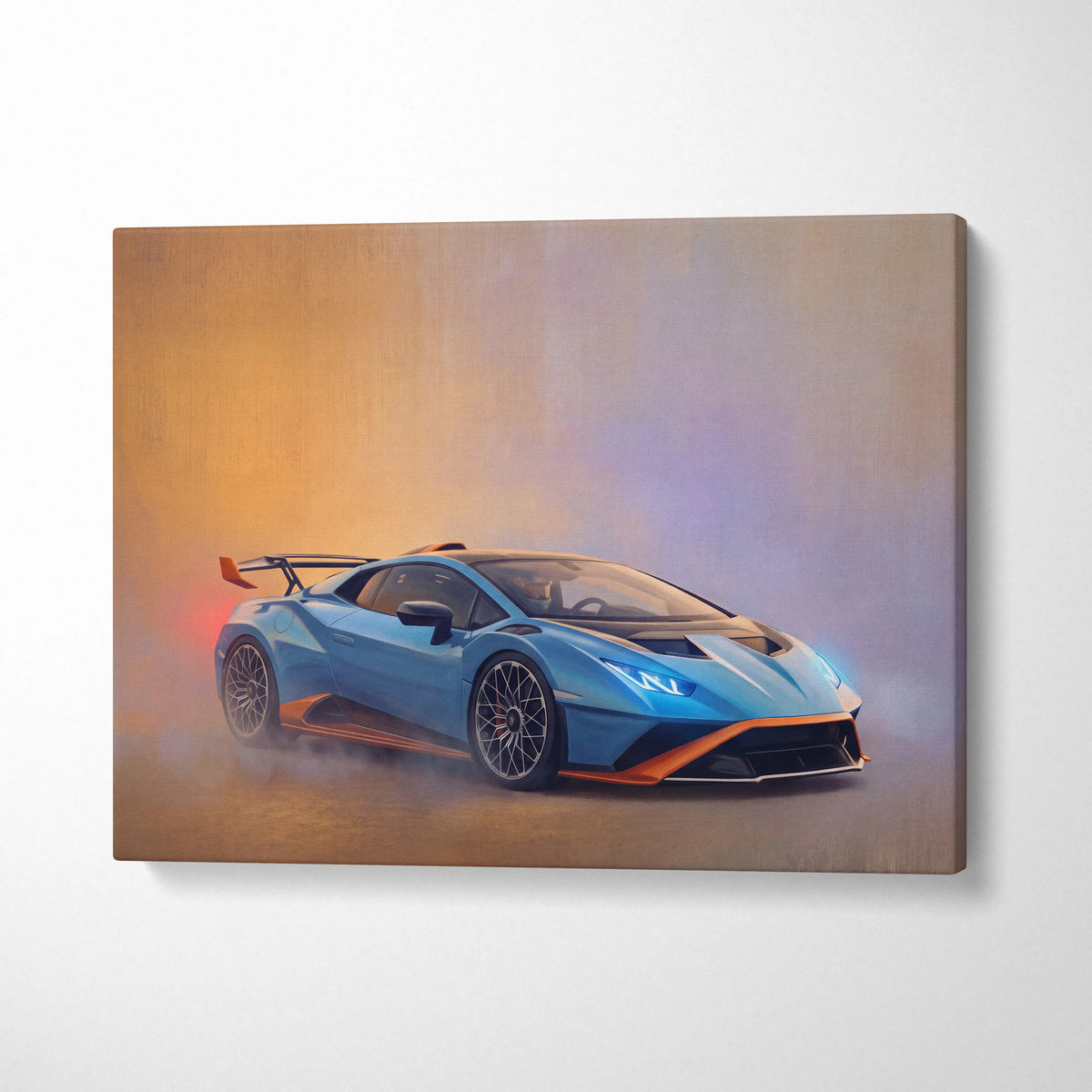Lamborghini Huracán STO inspired canvas art featuring a blue and orange sports car premium wall decor