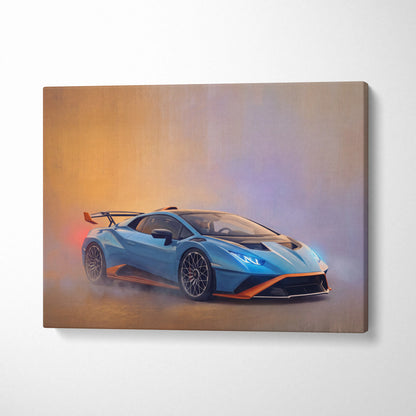 Lamborghini Huracán STO inspired canvas art featuring a blue and orange sports car premium wall decor