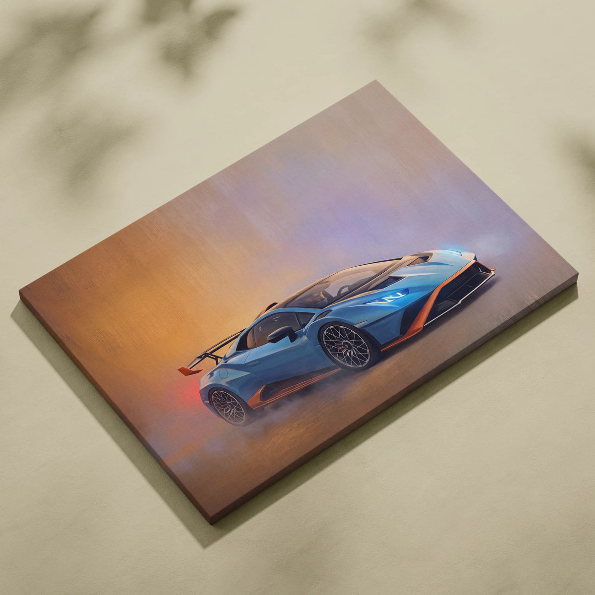 Blue and orange Lamborghini Huracán STO inspired canvas art premium automotive wall decor for sports car fans