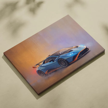 Blue and orange Lamborghini Huracán STO inspired canvas art premium automotive wall decor for sports car fans