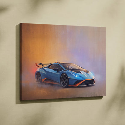 Blue and orange Lamborghini Huracán STO inspired canvas art featuring a premium sports car print for wall decor
