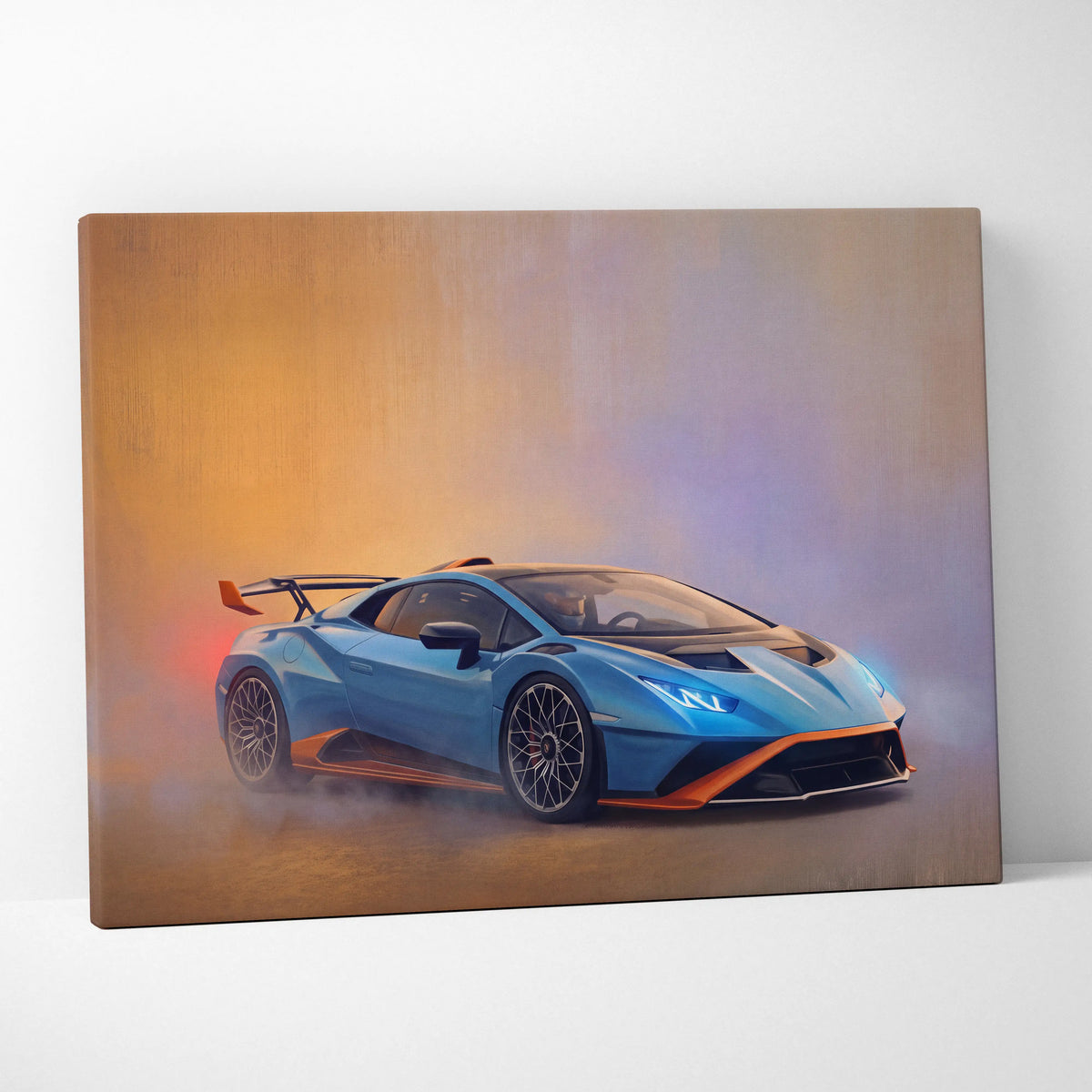 A vibrant blue and orange Lamborghini Huracán STO inspired canvas print with dynamic smoky background premium wall decor