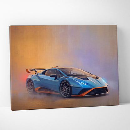 A vibrant blue and orange Lamborghini Huracán STO inspired canvas print with dynamic smoky background premium wall decor