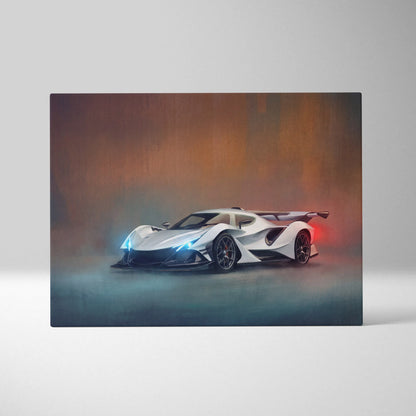 Apollo intensa emozione inspired supercar canvas art featuring white and black futuristic sports car with glowing blue headlights