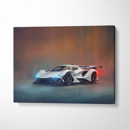 Apollo intensa emozione inspired supercar canvas art featuring a white and black futuristic sports car with blue headlights and red taillights