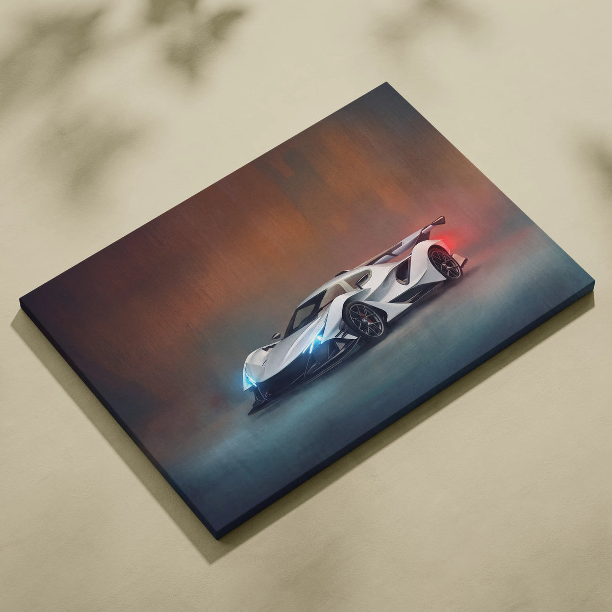 Apollo intensa emozione inspired supercar canvas art print featuring a white sports car with glowing blue and red accents