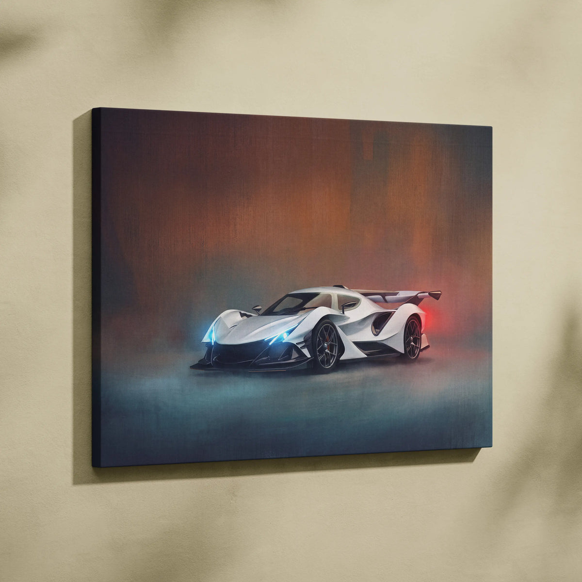 Apollo intensa emozione inspired supercar canvas art featuring a sleek white hypercar with glowing blue headlights and red taillight