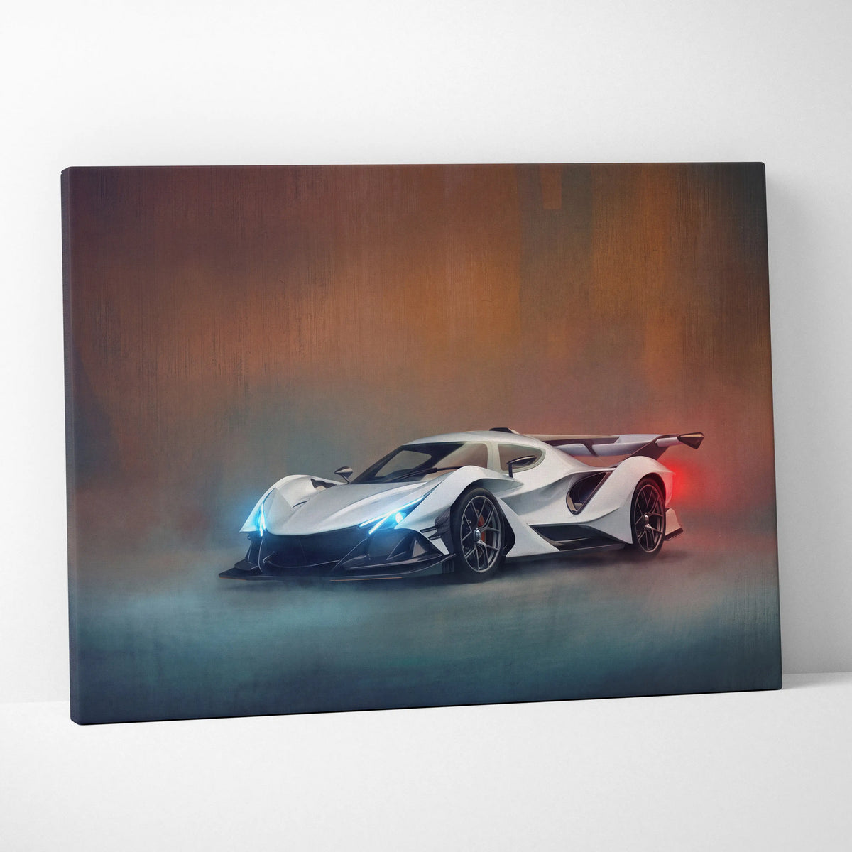 Apollo Intensa Emozione inspired supercar canvas art featuring a white and black car with glowing blue headlights and red taillights