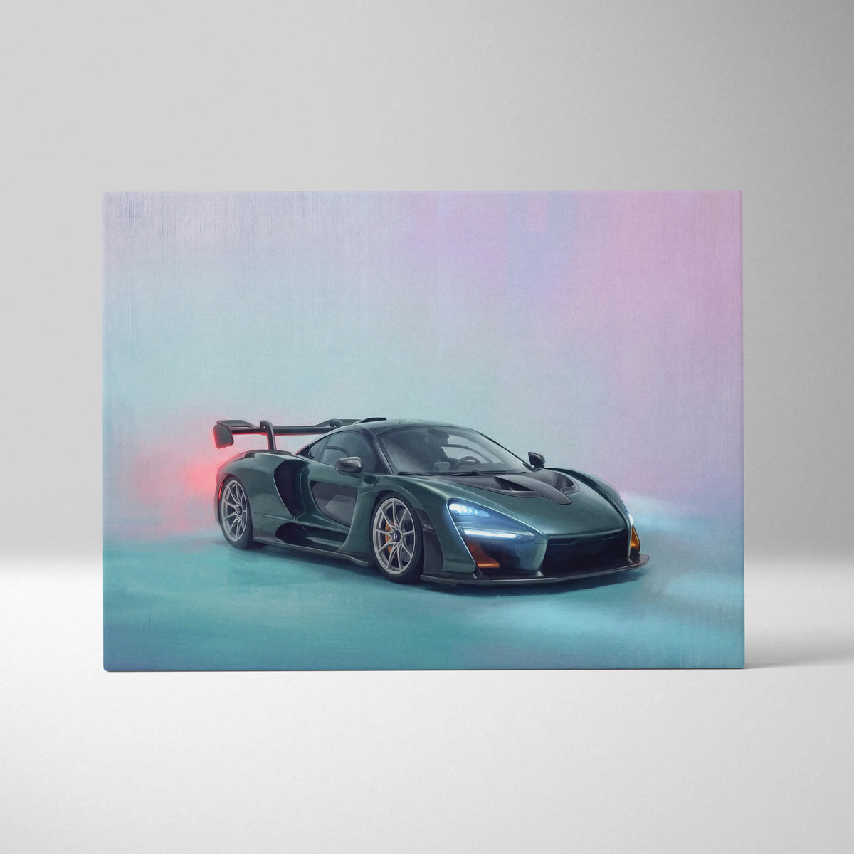A sleek dark green mclaren senna canvas art with glowing red and blue accents for premium automotive wall decor