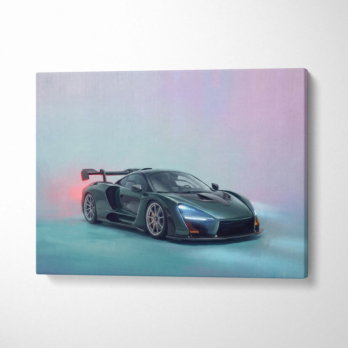 McLaren Senna inspired canvas art featuring a sleek dark green sports car with glowing red and blue accents for wall decor