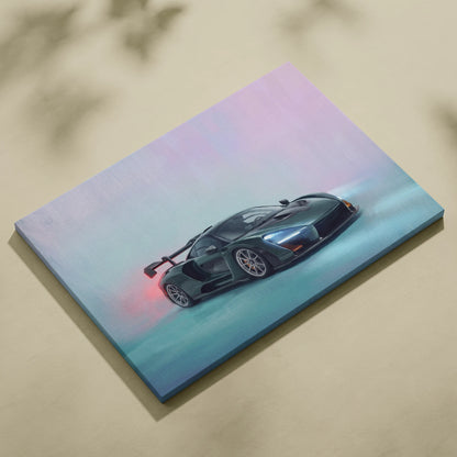 McLaren Senna inspired canvas art featuring a sleek dark gray McLaren supercar in dynamic motion on stretched canvas