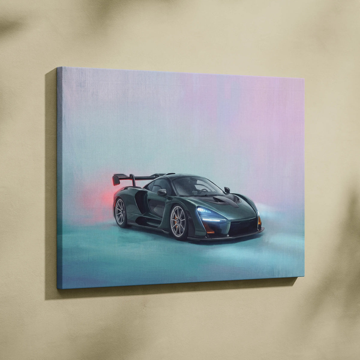 Mclaren senna inspired canvas art featuring a sleek dark green sports car with glowing red taillights on a vibrant background