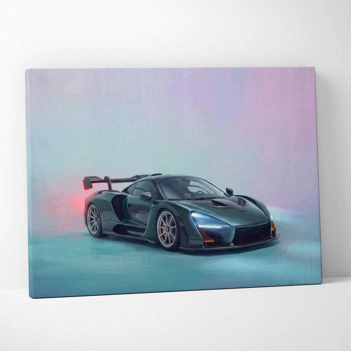 A sleek dark green mclaren senna canvas art with glowing red and blue accents perfect for automotive wall decor