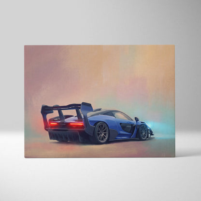 Blue mclaren supercar with glowing red taillights and smoke effects on a luxury senna inspired canvas print